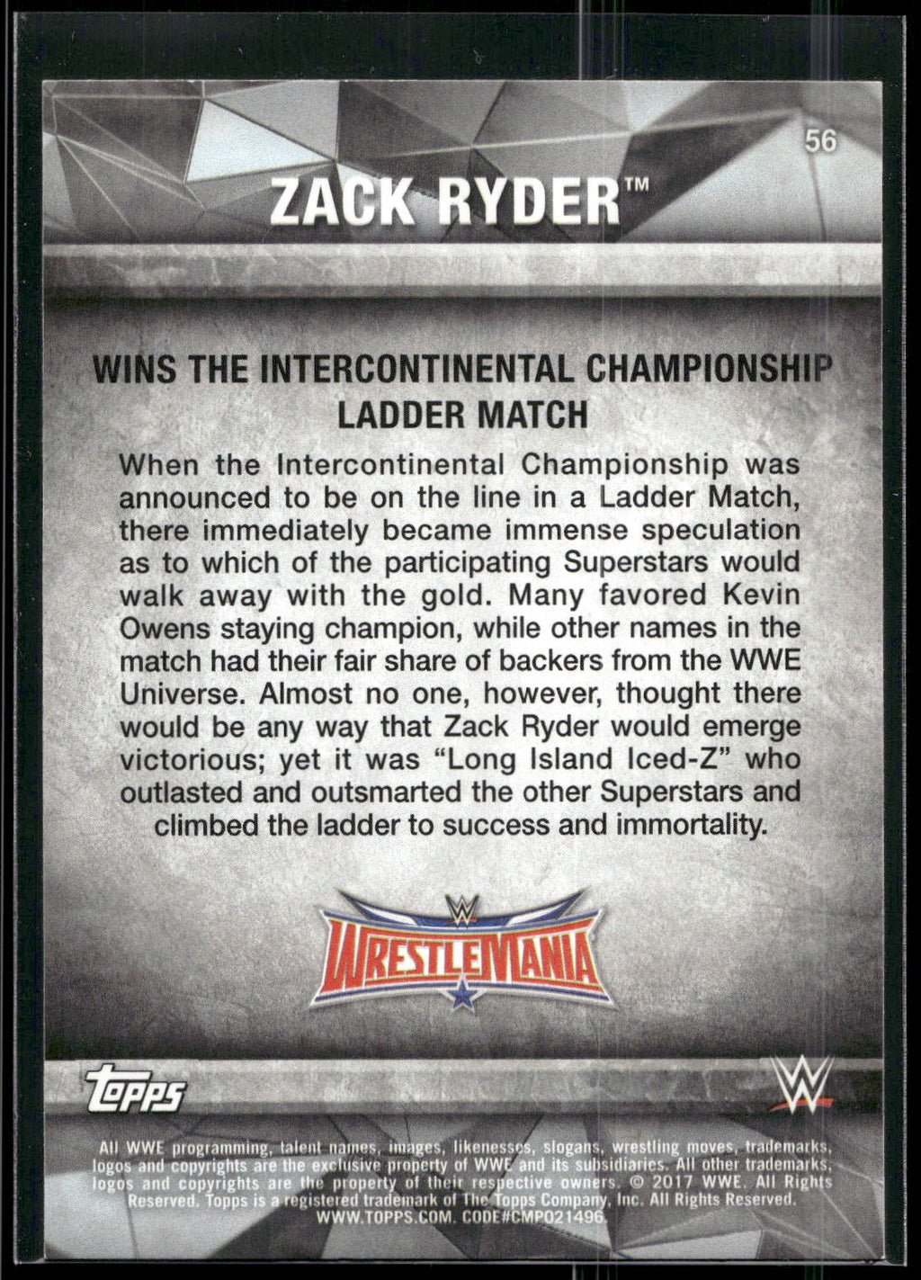 2017 Topps WWE Road To Wrestlemania #56 Zack Ryder