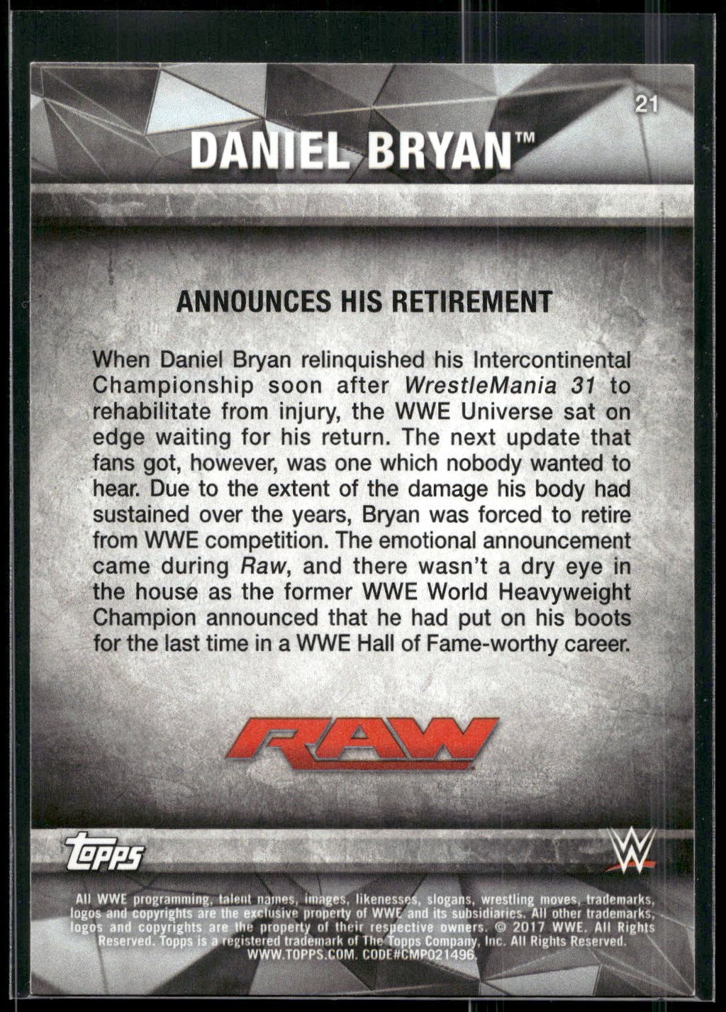 2017 Topps WWE Road To Wrestlemania #21 Daniel Bryan