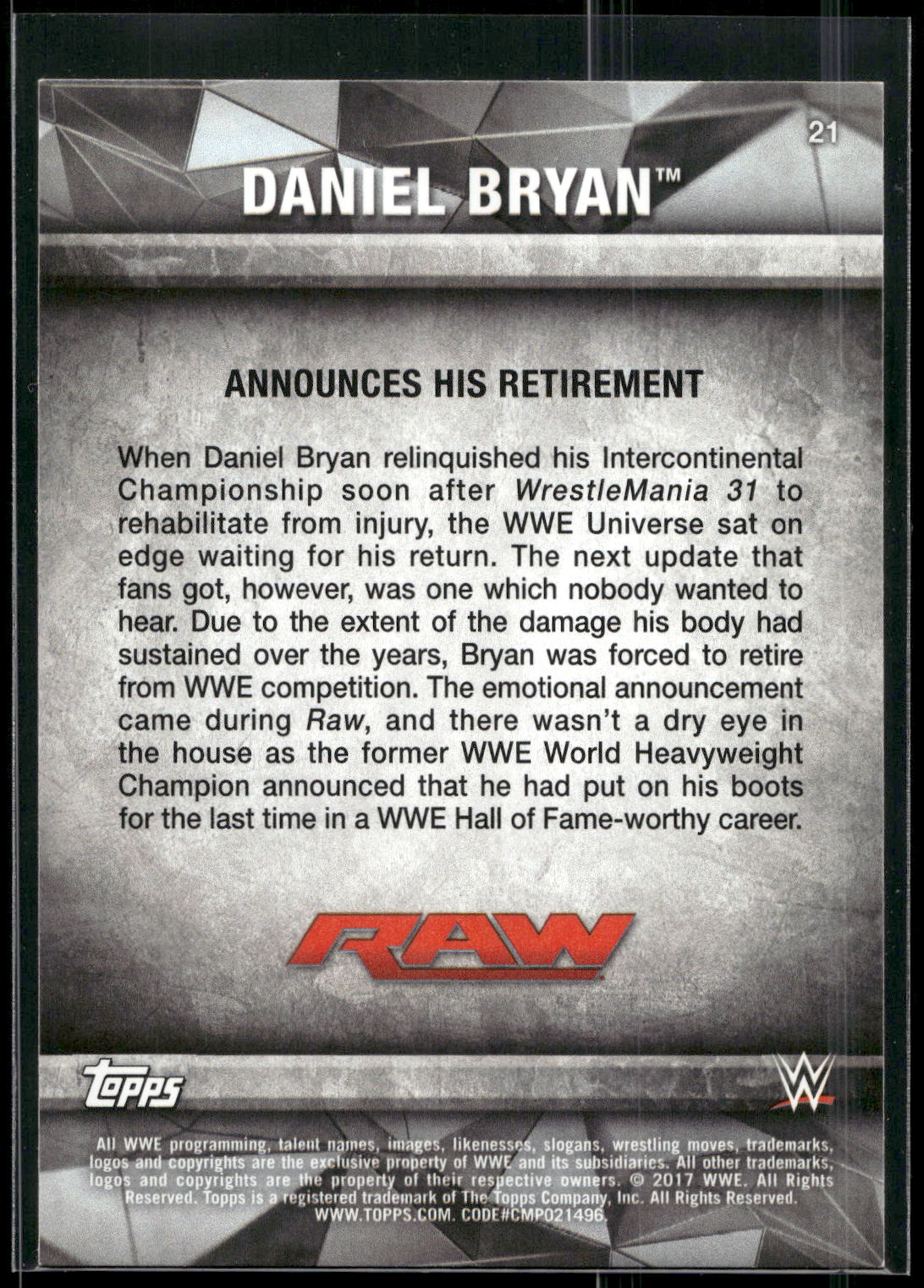 2017 Topps WWE Road To Wrestlemania #21 Daniel Bryan