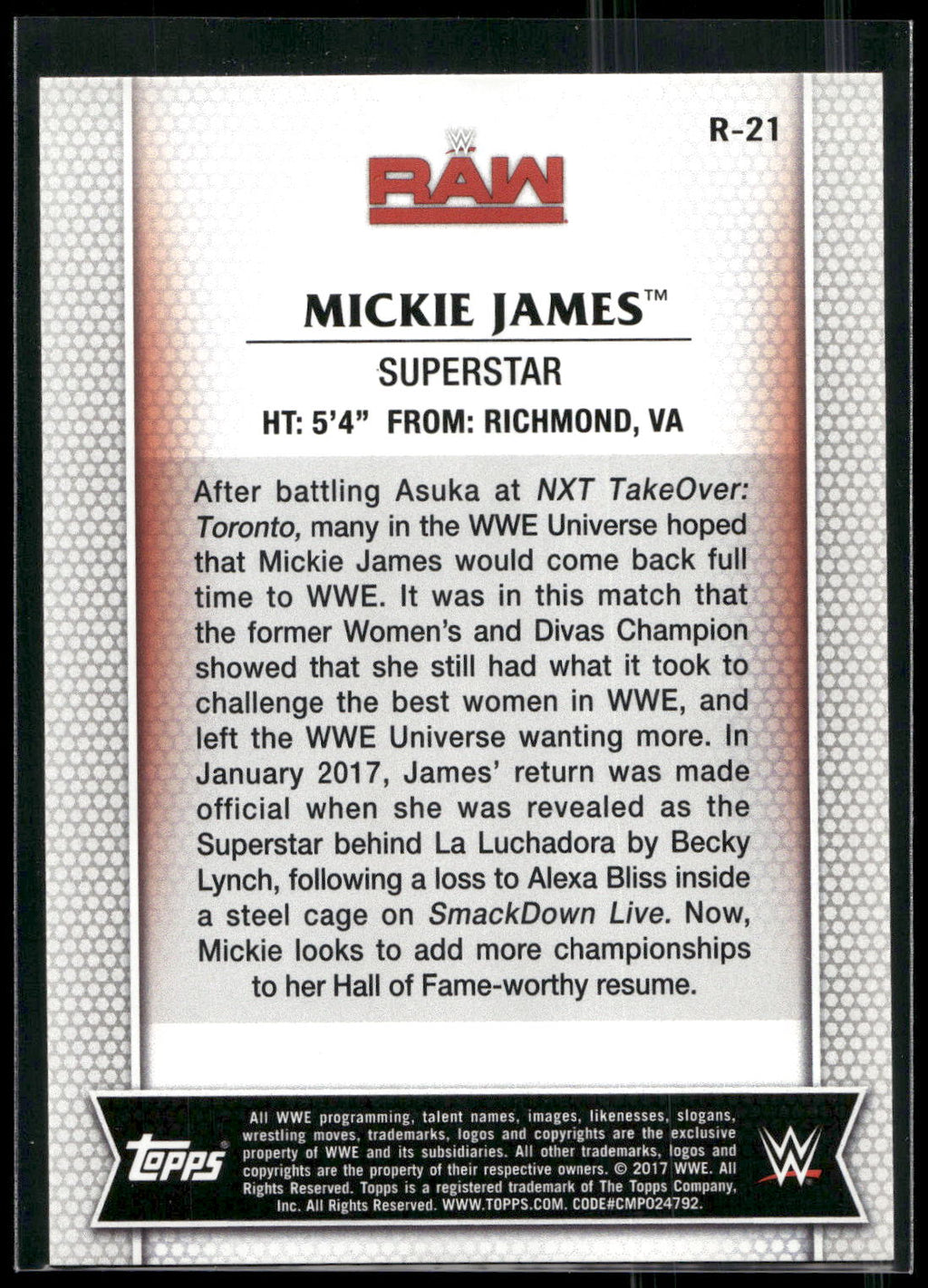 2017 Topps WWE Women's Division #R-21 Mickie James