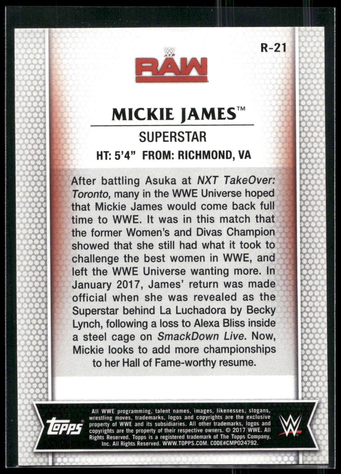 2017 Topps WWE Women's Division #R-21 Mickie James