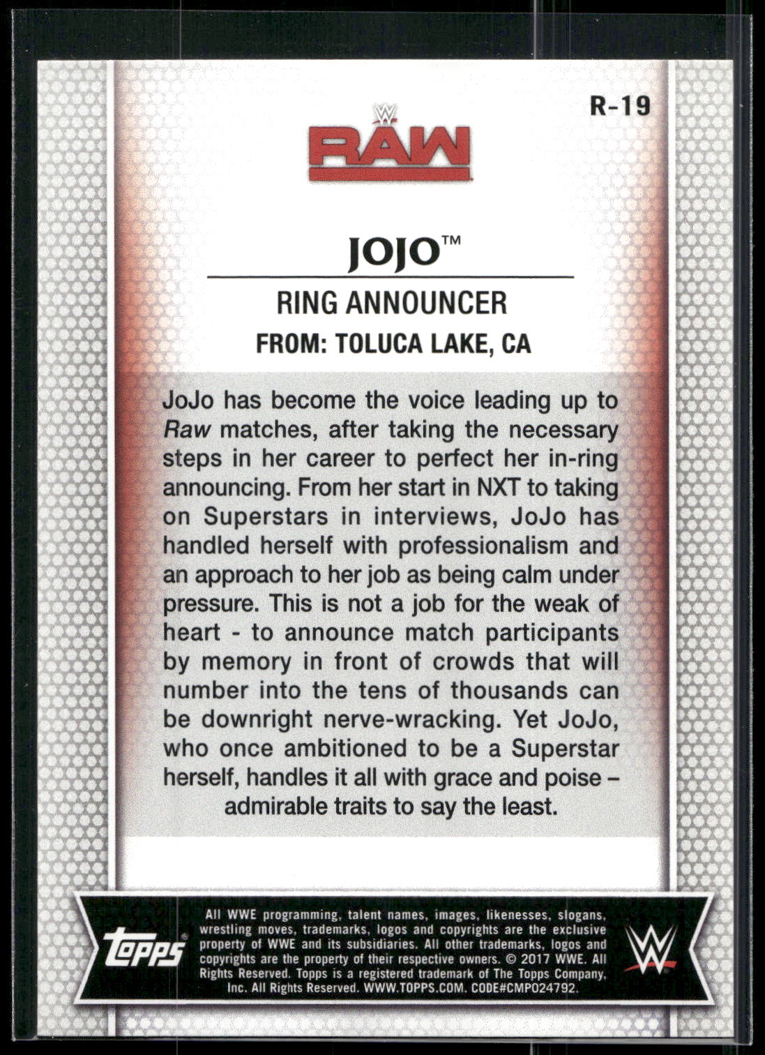 2017 Topps WWE Women's Division #R-19 JoJo