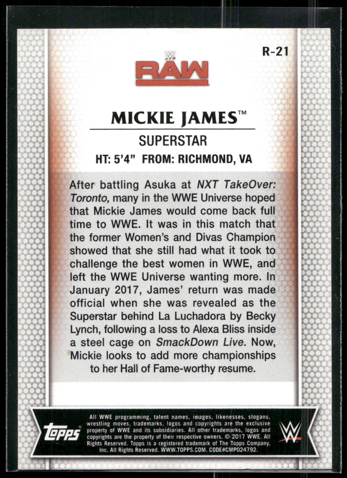 2017 Topps WWE Women's Division #R-21 Mickie James