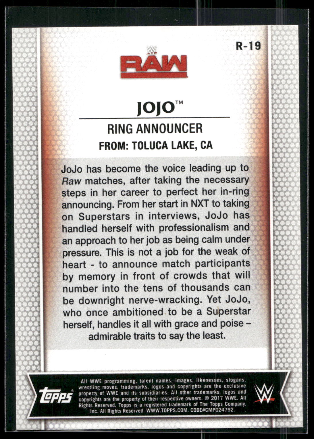 2017 Topps WWE Women's Division #R-19 JoJo