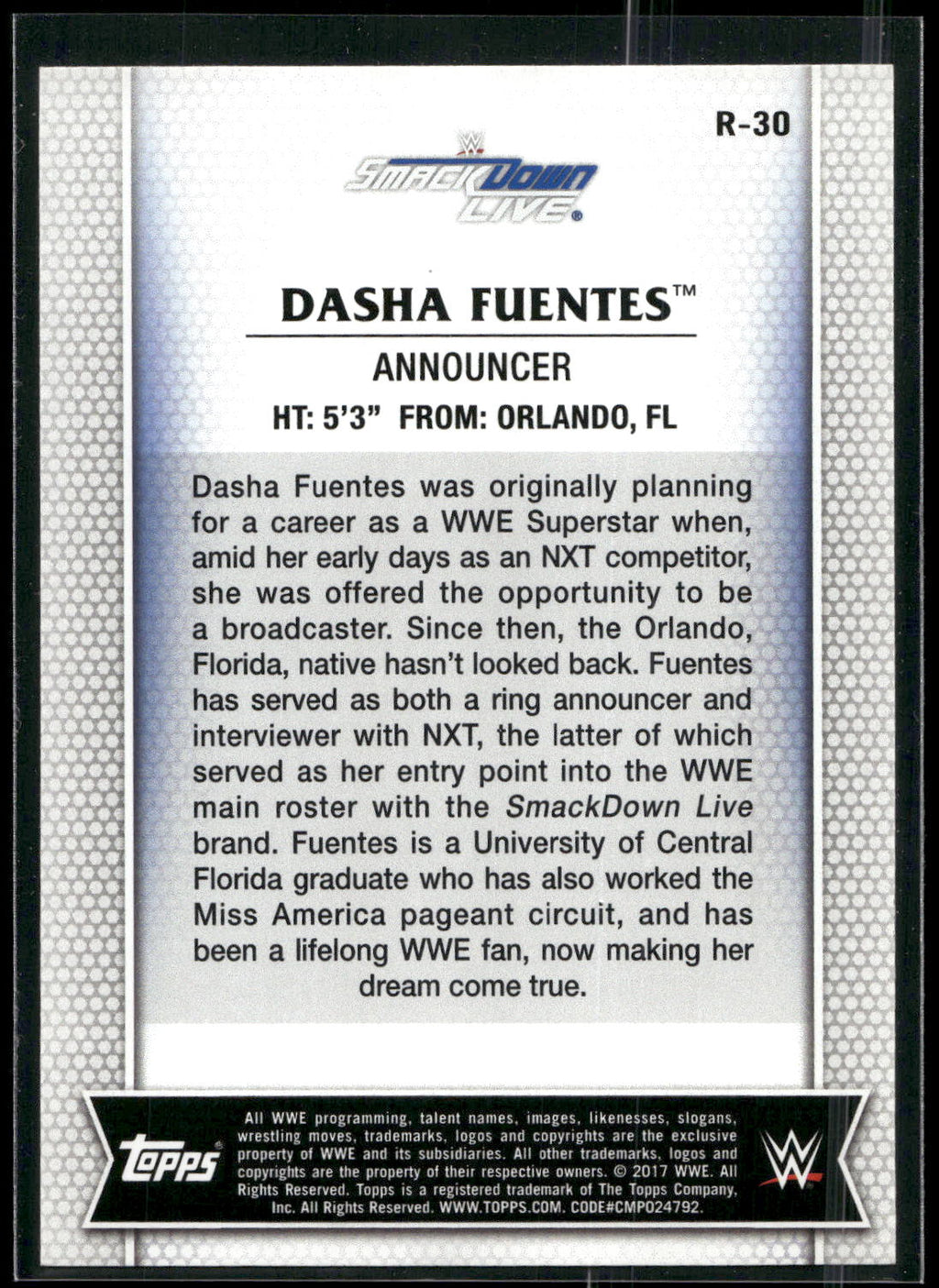 2017 Topps WWE Women's Division #R-30 Dasha Fuentes