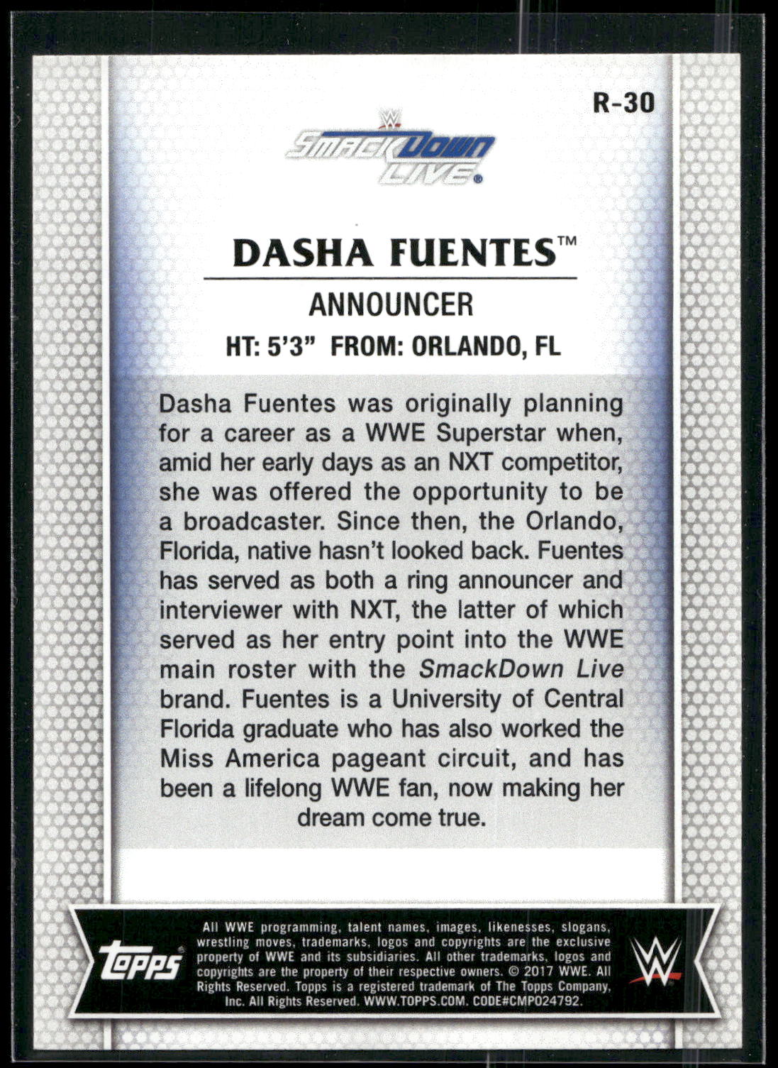 2017 Topps WWE Women's Division #R-30 Dasha Fuentes