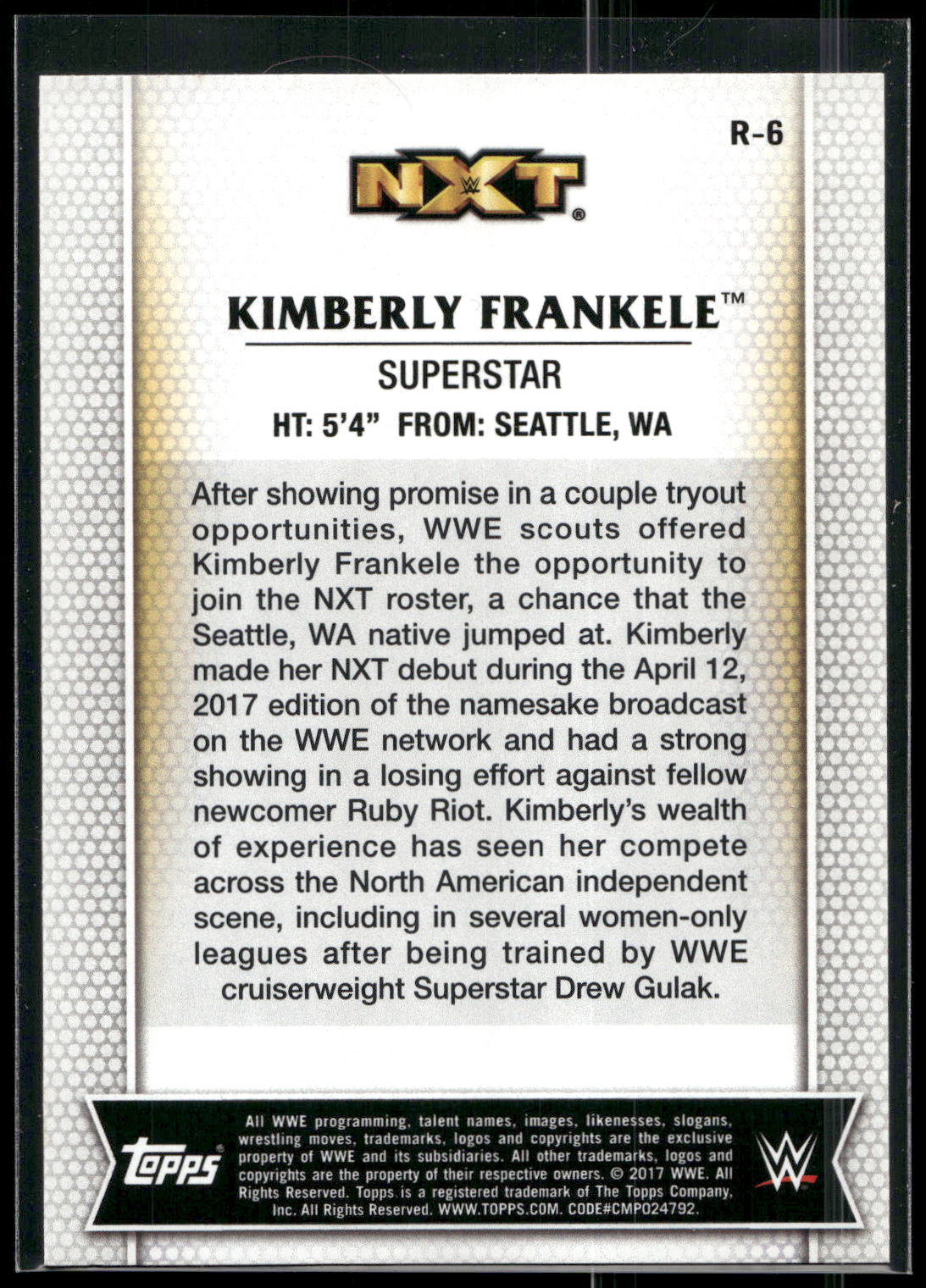 2017 Topps WWE Women's Division #R-6 Kimberly Frankele