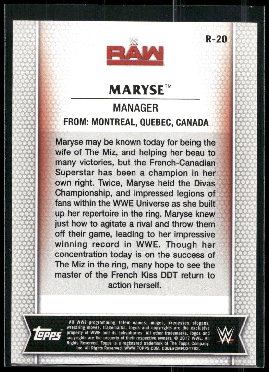2017 Topps WWE Women's Division #R-20 Maryse