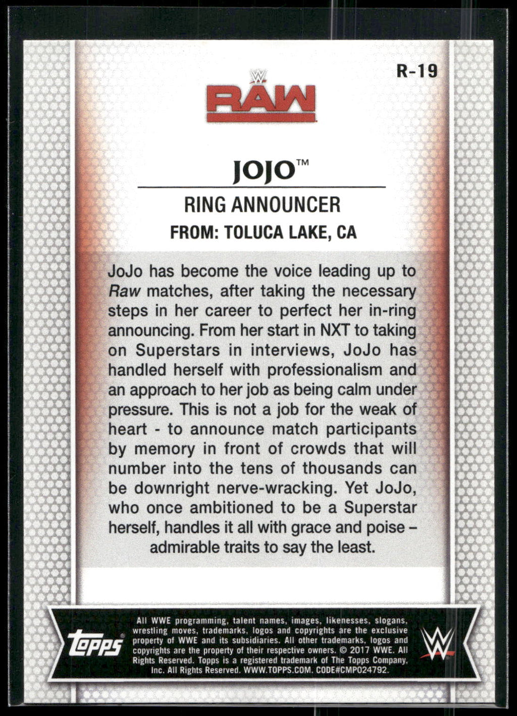 2017 Topps WWE Women's Division #R-19 JoJo