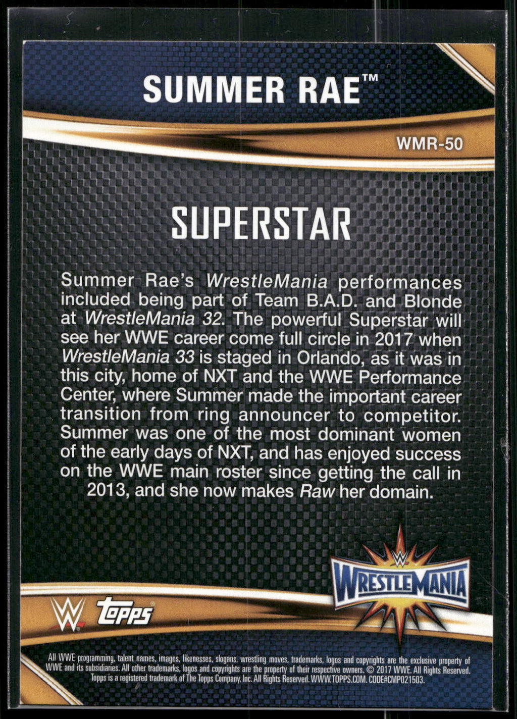 2017 Topps WWE Road To Wrestlemania #WMR-50 Summer Rae WrestleMania 33 Roster