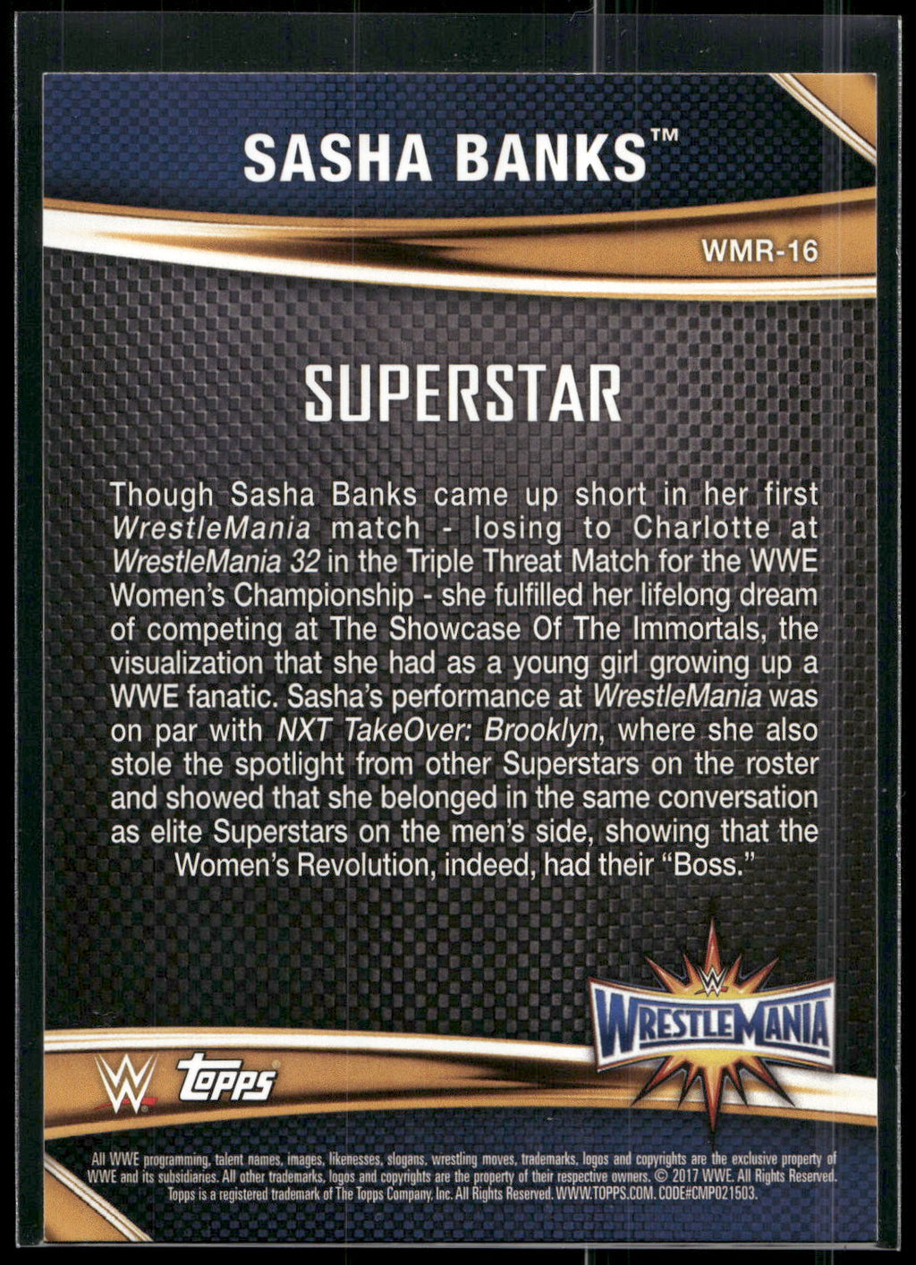 2017 Topps WWE Road To Wrestlemania #WMR-16 Sasha Banks WrestleMania 33 Roster