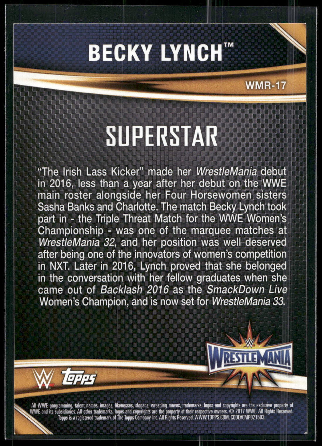 2017 Topps WWE Road To Wrestlemania #WMR-17 Becky Lynch WrestleMania 33 Roster
