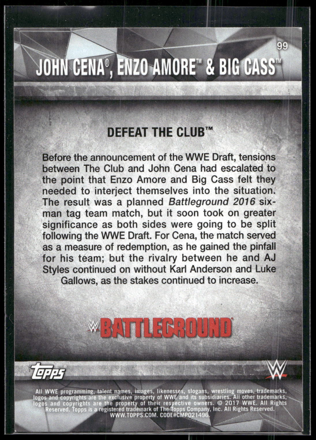 2017 Topps WWE Road To Wrestlemania #99 John Cena / Enzo Amore / Big Cass Bronze