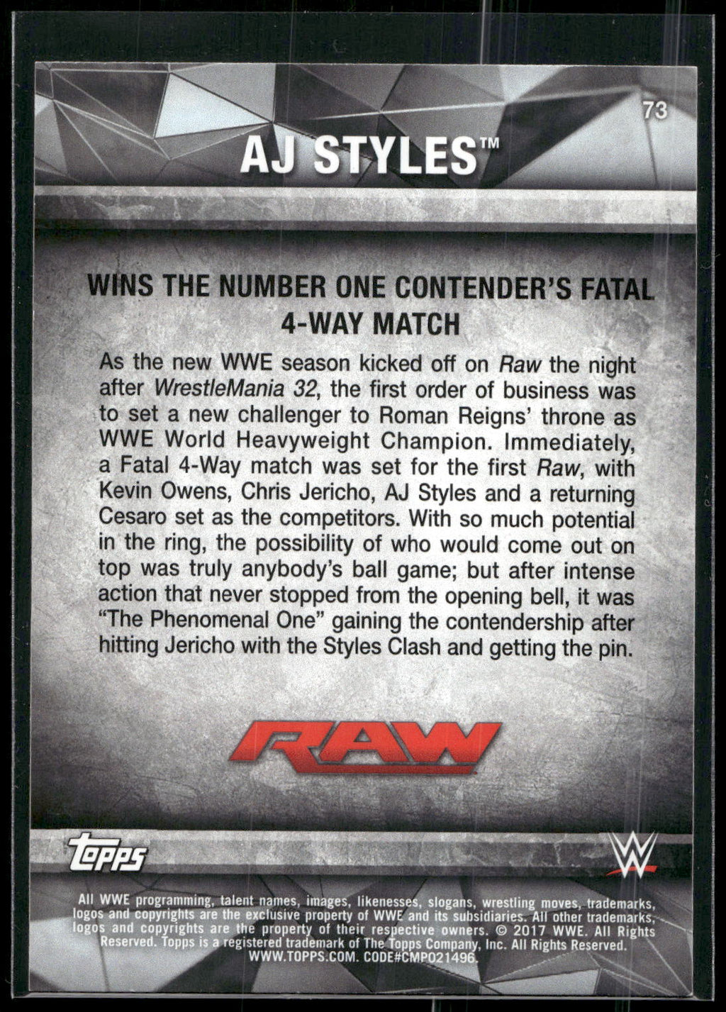 2017 Topps WWE Road To Wrestlemania #73 AJ Styles Bronze