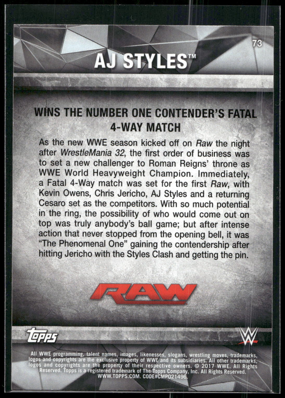 2017 Topps WWE Road To Wrestlemania #73 AJ Styles Bronze