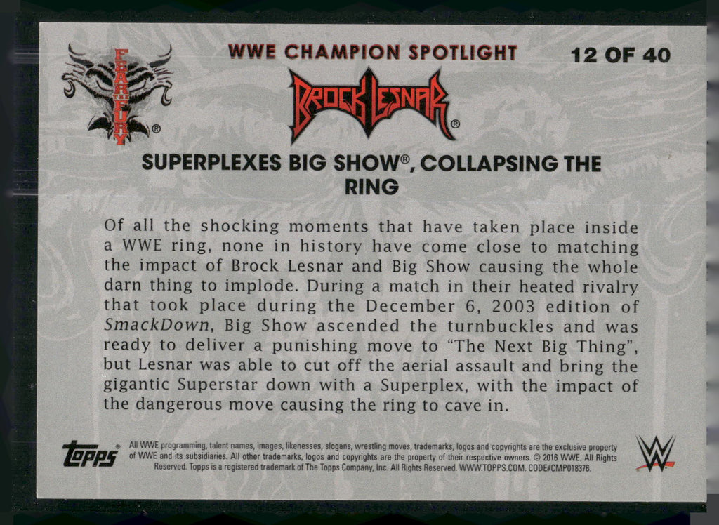 2016 Topps WWE #12 Brock Lesnar Brock Lesnar Tribute