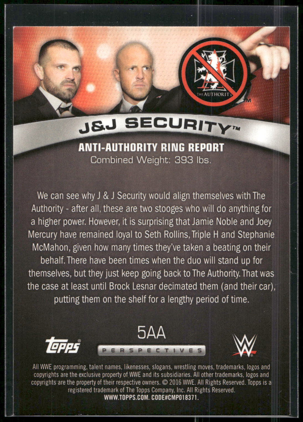 2016 Topps WWE #5AA J&J Security Anti-Authority Ring Report