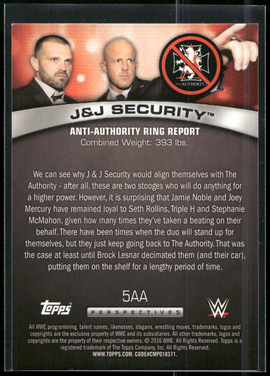 2016 Topps WWE #5AA J&J Security Anti-Authority Ring Report