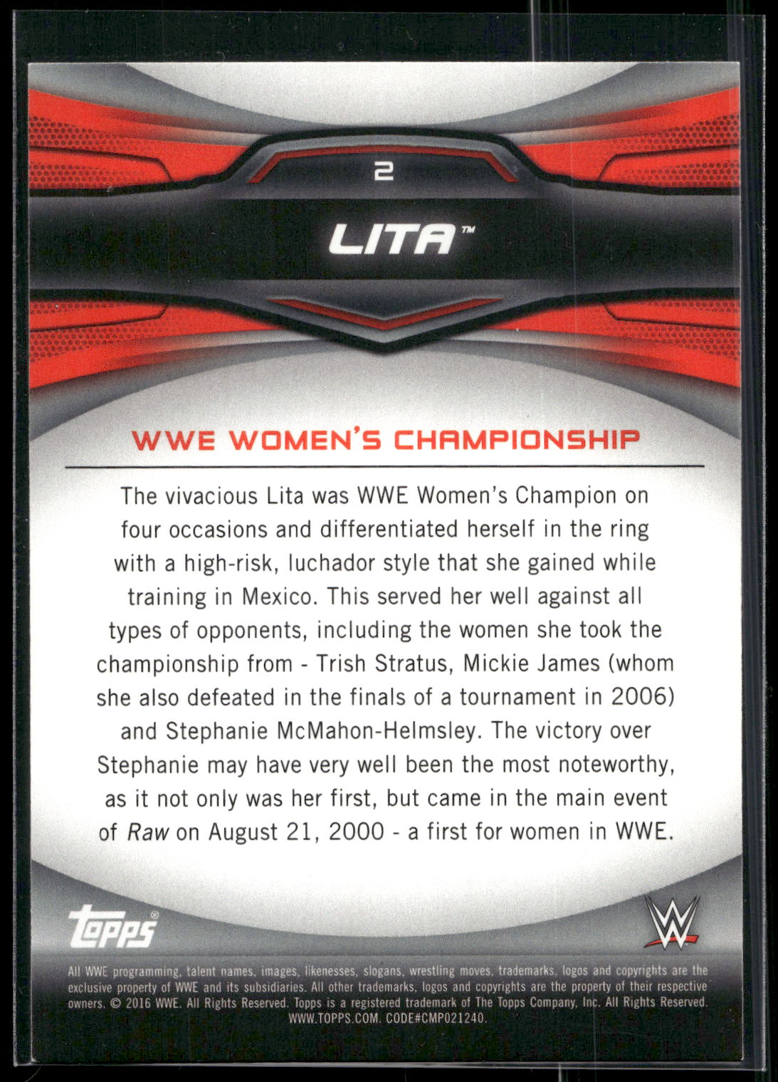 2016 Topps WWE Divas Revolution #2 Lita Historic Women's Champions