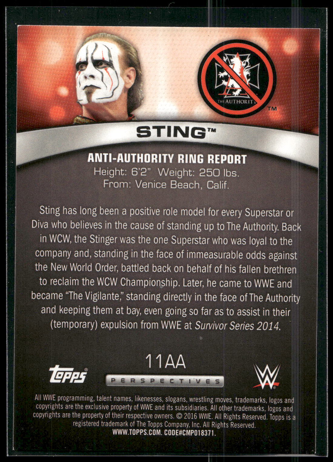 2016 Topps WWE #11AA Sting Anti-Authority Ring Report
