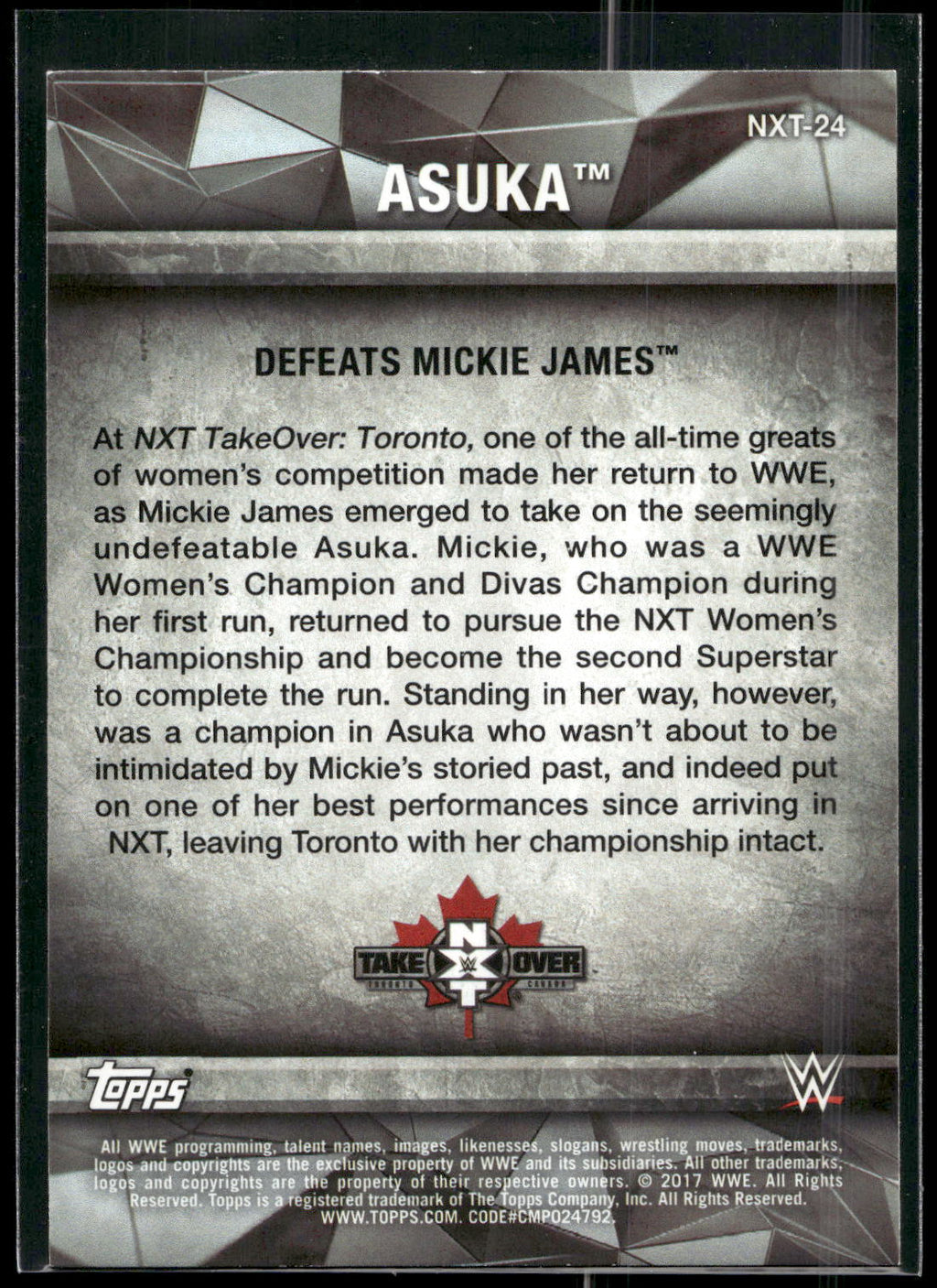 2017 Topps WWE Women's Division #NXT-24 Asuka NXT Matches and Moments