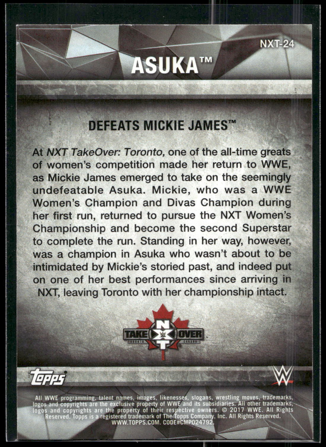 2017 Topps WWE Women's Division #NXT-24 Asuka NXT Matches and Moments