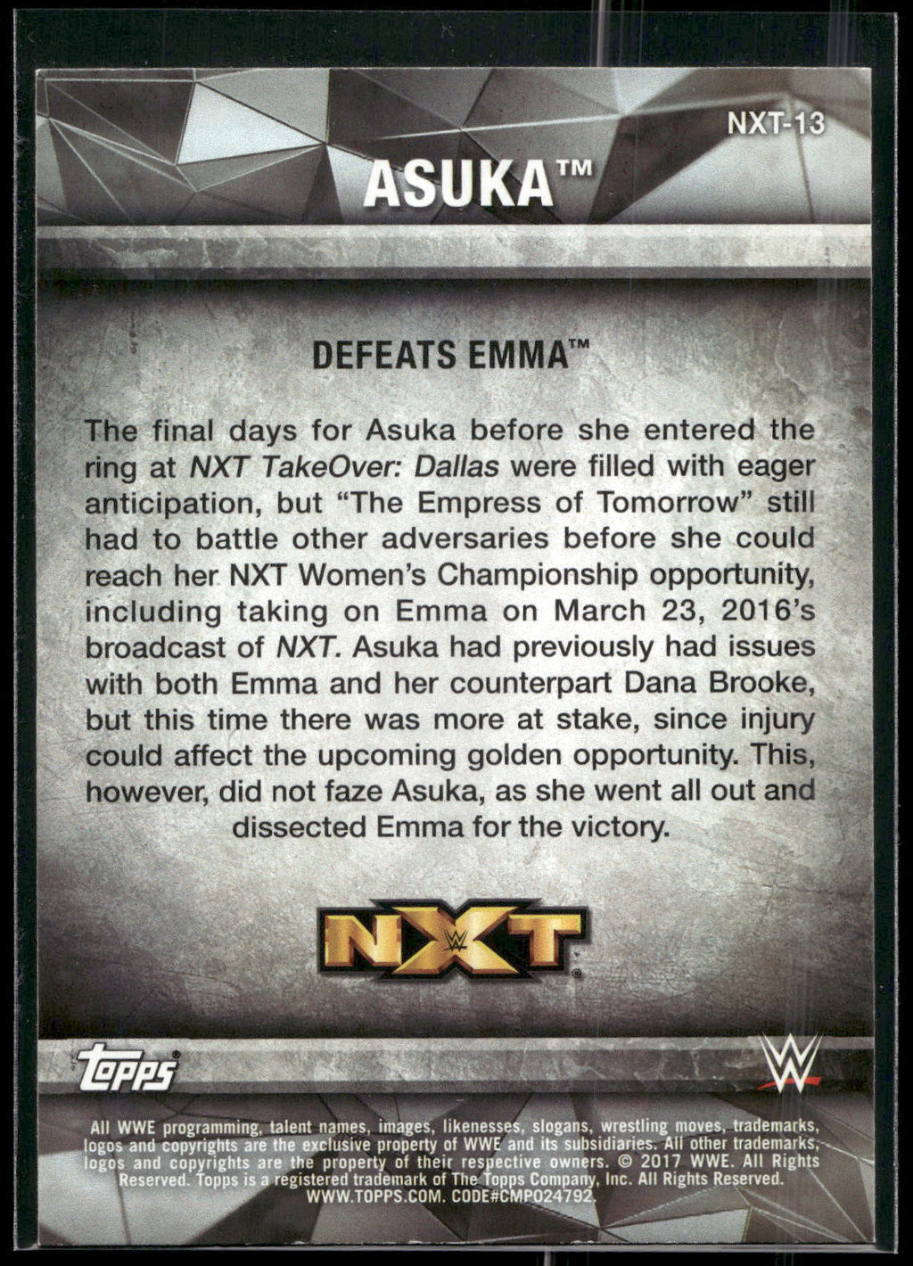 2017 Topps WWE Women's Division #NXT-13 Asuka NXT Matches and Moments