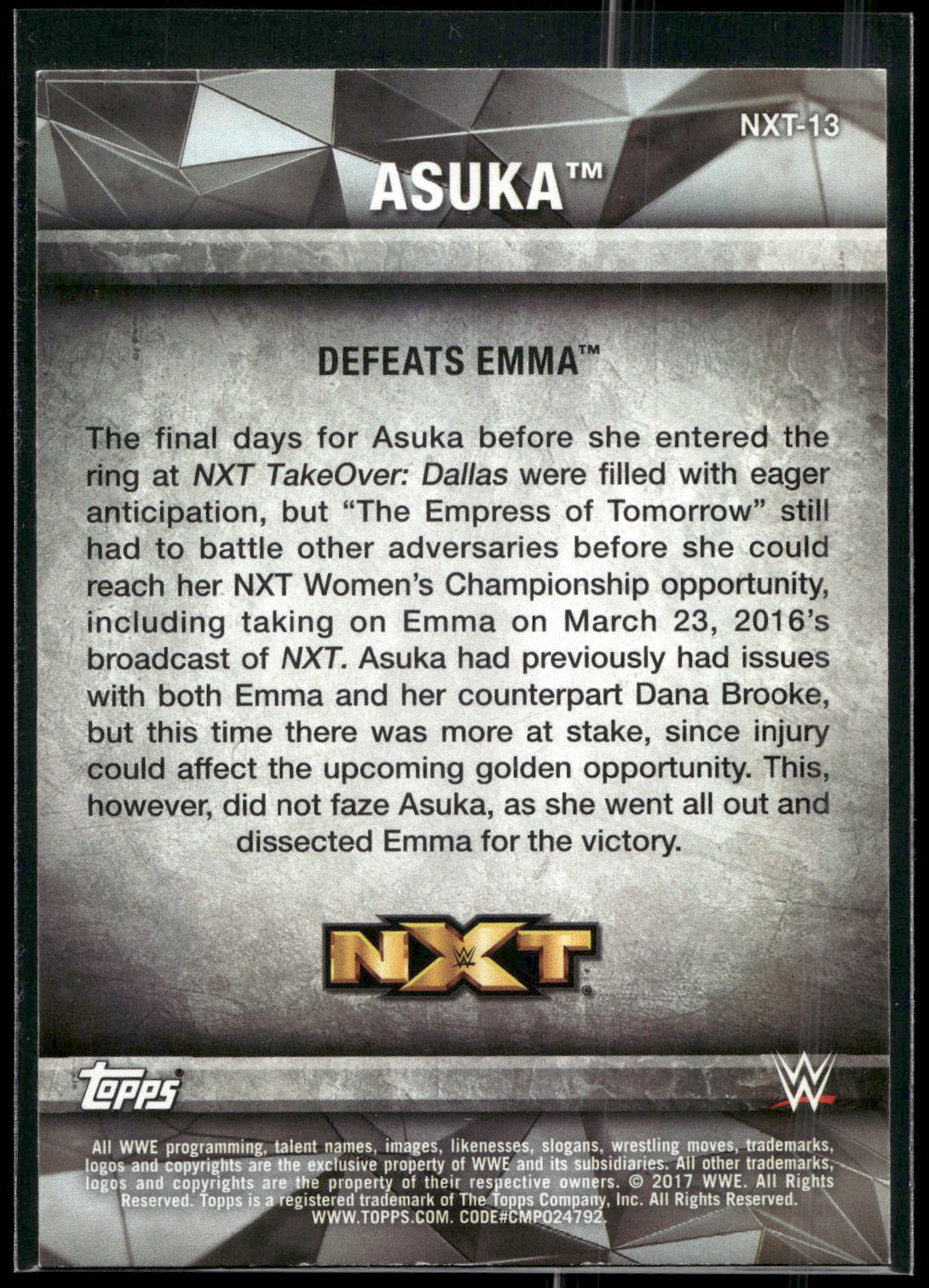 2017 Topps WWE Women's Division #NXT-13 Asuka NXT Matches and Moments
