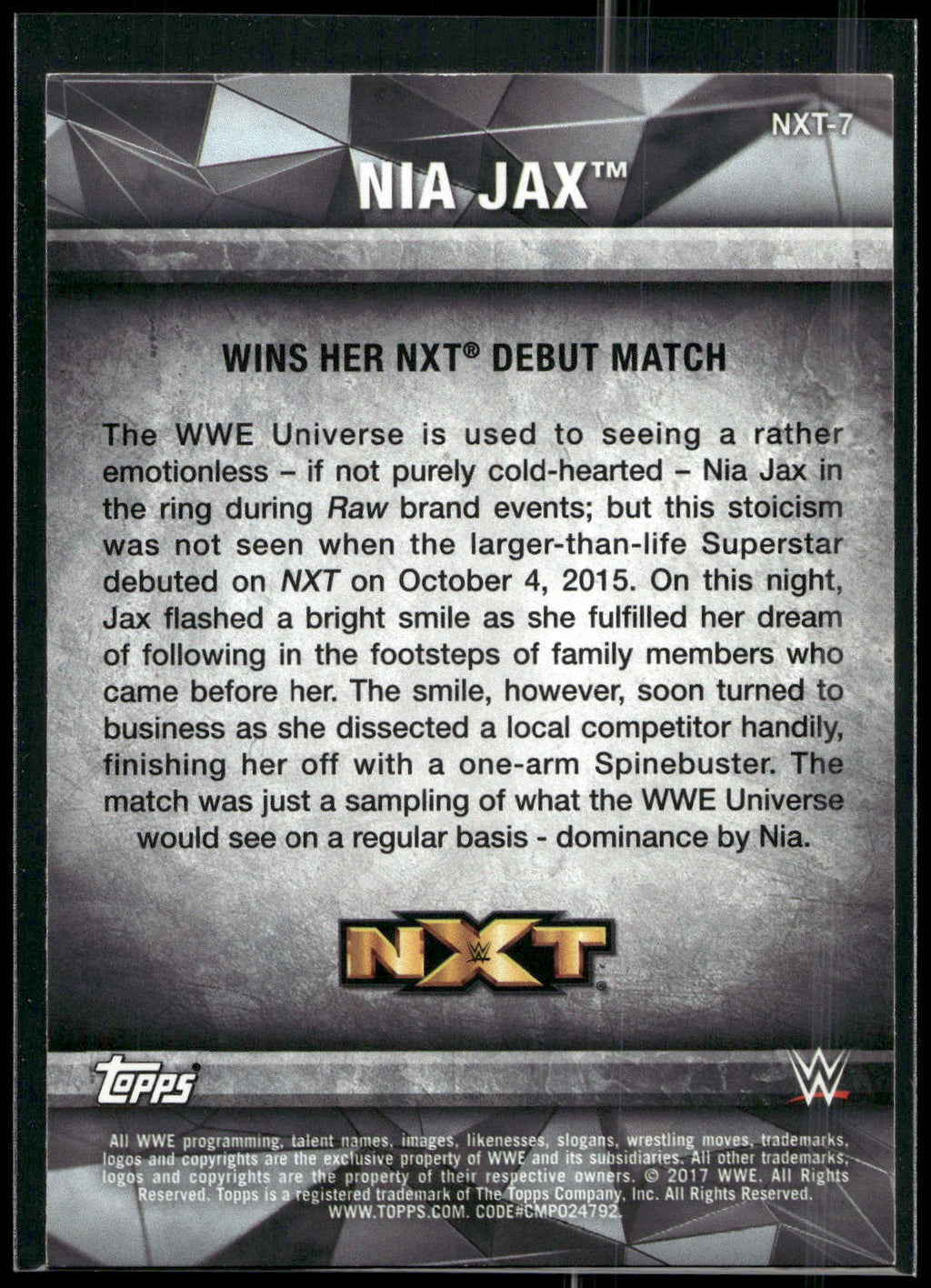 2017 Topps WWE Women's Division #NXT-7 Nia Jax NXT Matches and Moments