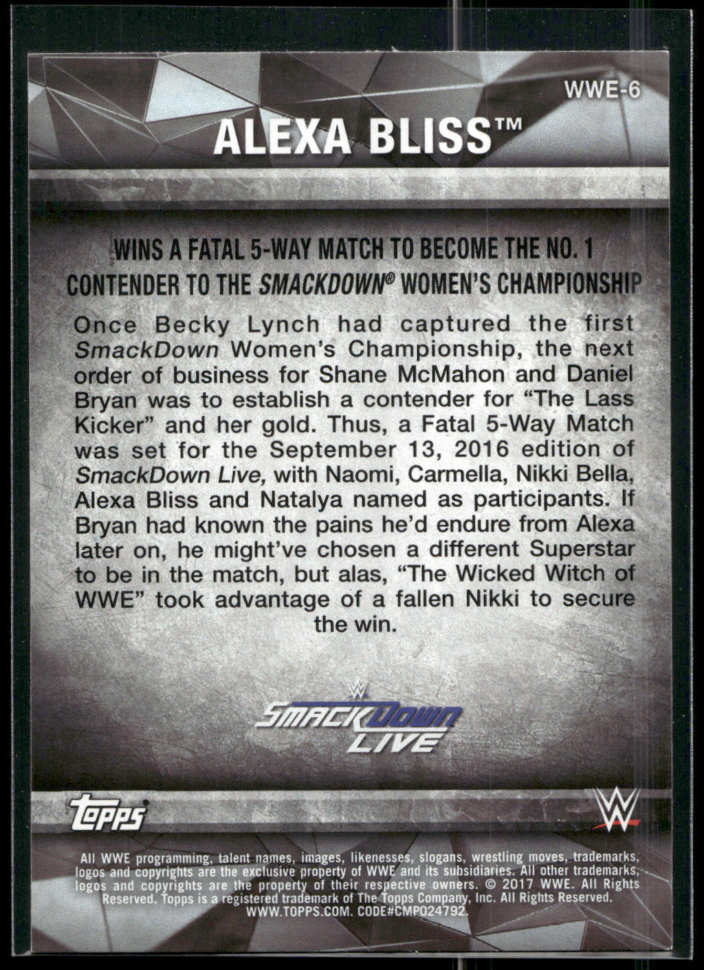 2017 Topps WWE Women's Division #WWE-6 Alexa Bliss WWE Matches and Moments