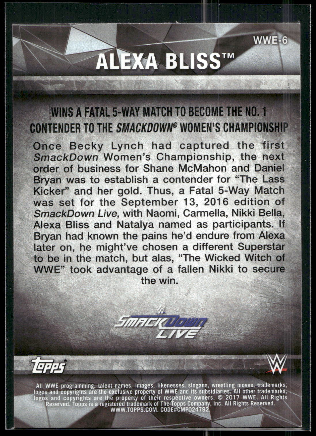 2017 Topps WWE Women's Division #WWE-6 Alexa Bliss WWE Matches and Moments