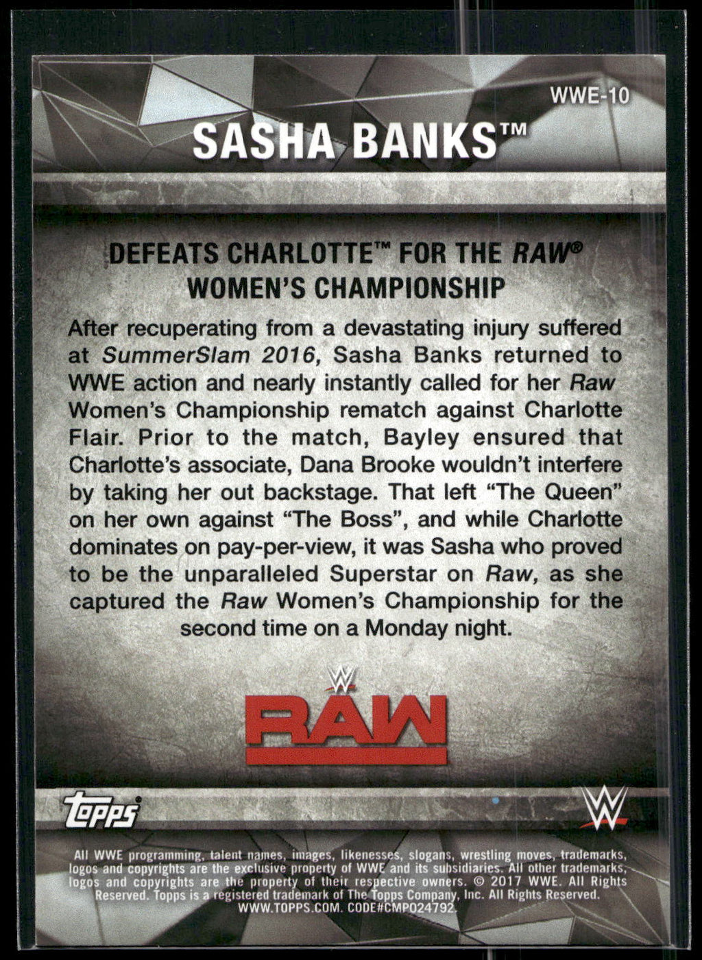 2017 Topps WWE Women's Division #WWE-10 Sasha Banks WWE Matches and Moments
