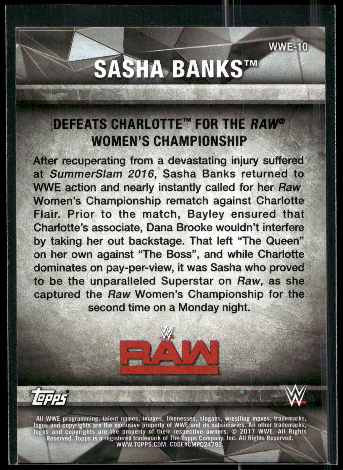 2017 Topps WWE Women's Division #WWE-10 Sasha Banks WWE Matches and Moments