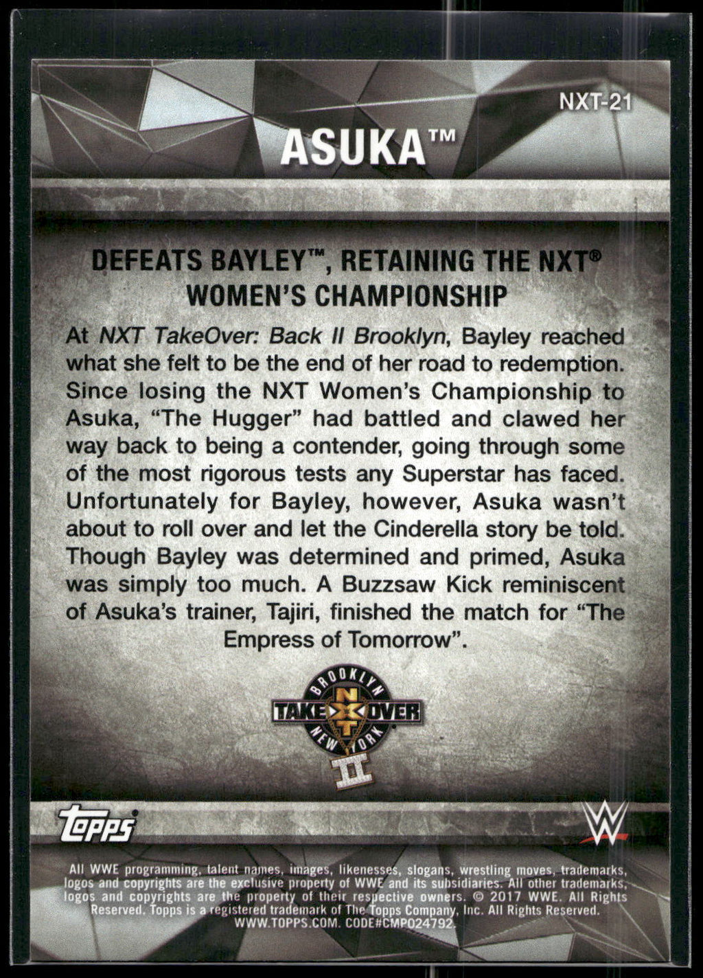 2017 Topps WWE Women's Division #NXT-21 Asuka NXT Matches and Moments