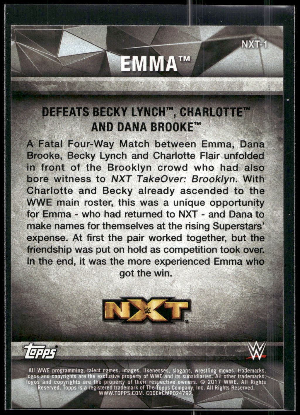 2017 Topps WWE Women's Division #NXT-1 Emma NXT Matches and Moments
