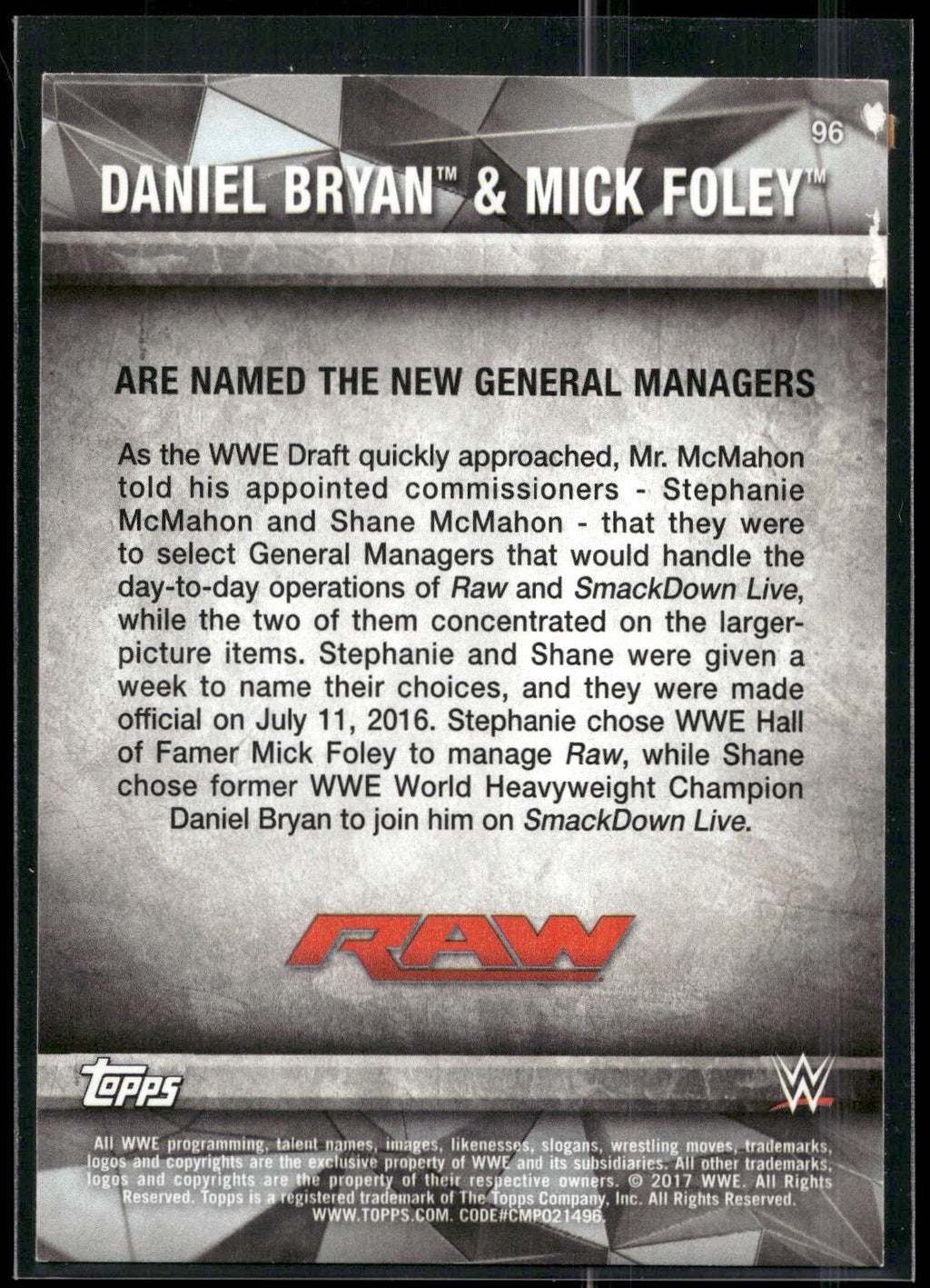 2017 Topps WWE Road To Wrestlemania #96 Daniel Bryan / Mick Foley