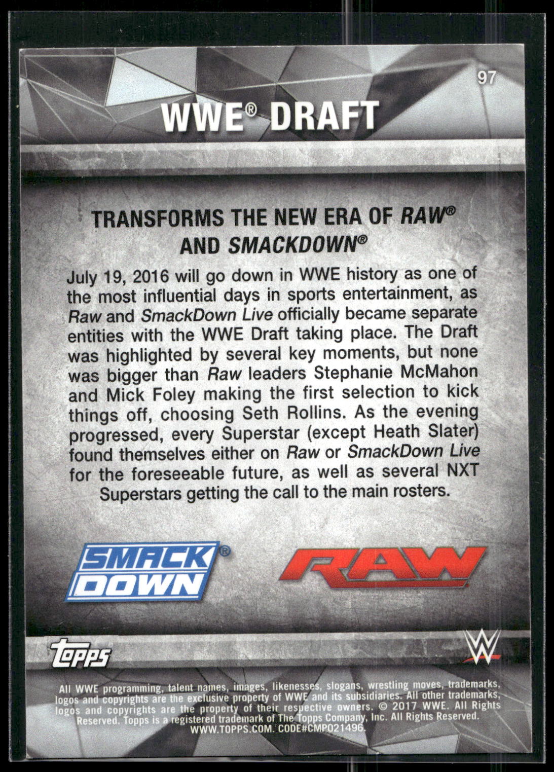 2017 Topps WWE Road To Wrestlemania #97 WWE Draft