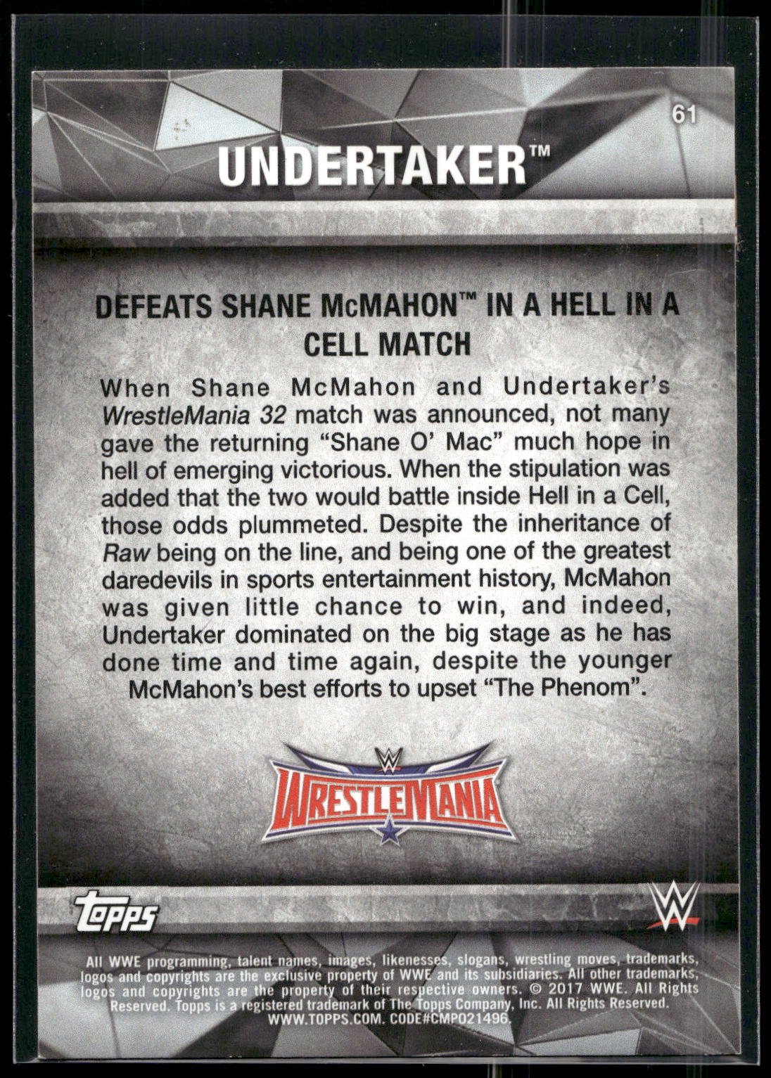 2017 Topps WWE Road To Wrestlemania #61 Undertaker