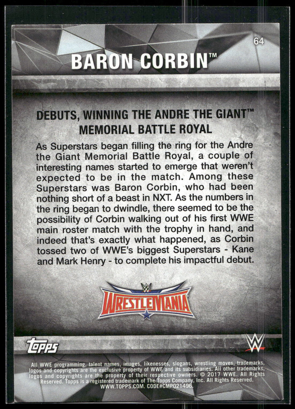 2017 Topps WWE Road To Wrestlemania #64 Baron Corbin