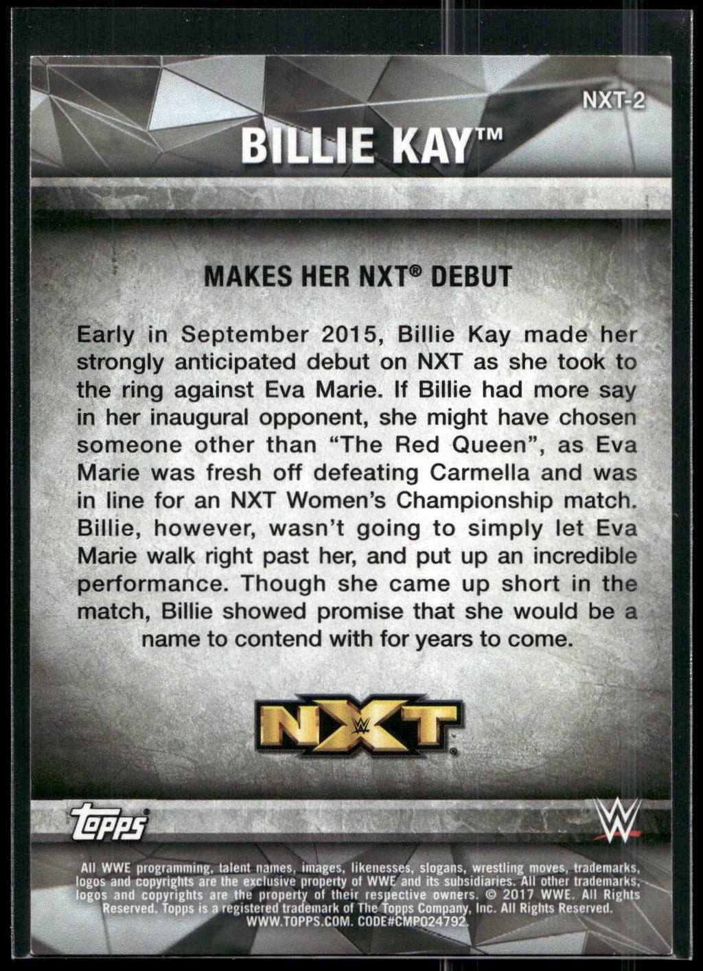 2017 Topps WWE Women's Division #NXT-2 Billie Kay NXT Matches and Moments