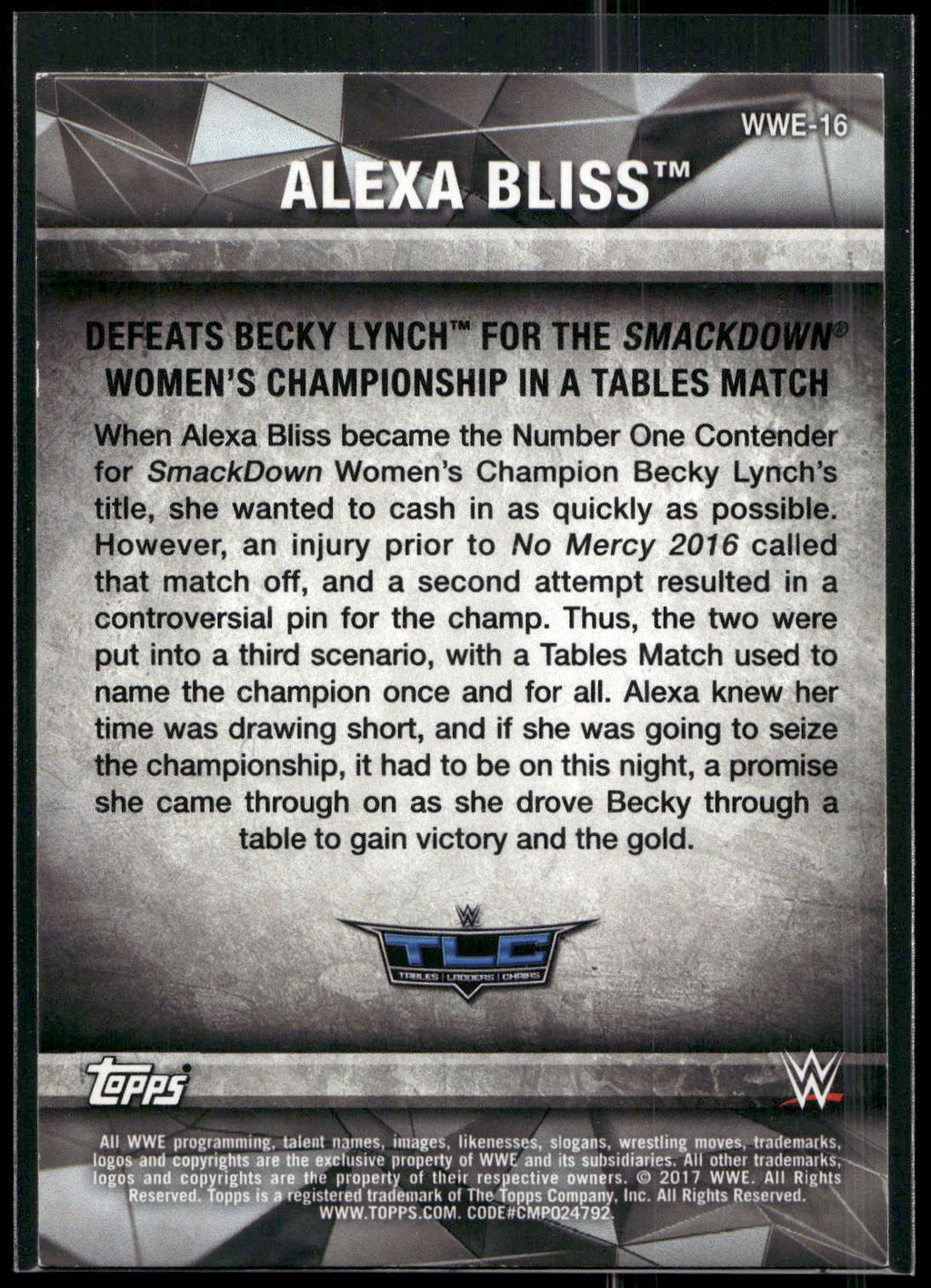 2017 Topps WWE Women's Division #WWE-16 Alexa Bliss WWE Matches and Moments