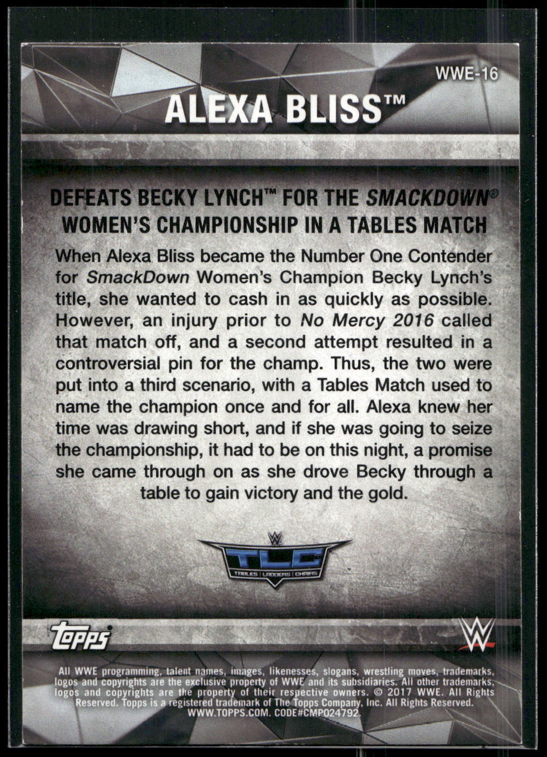 2017 Topps WWE Women's Division #WWE-16 Alexa Bliss WWE Matches and Moments