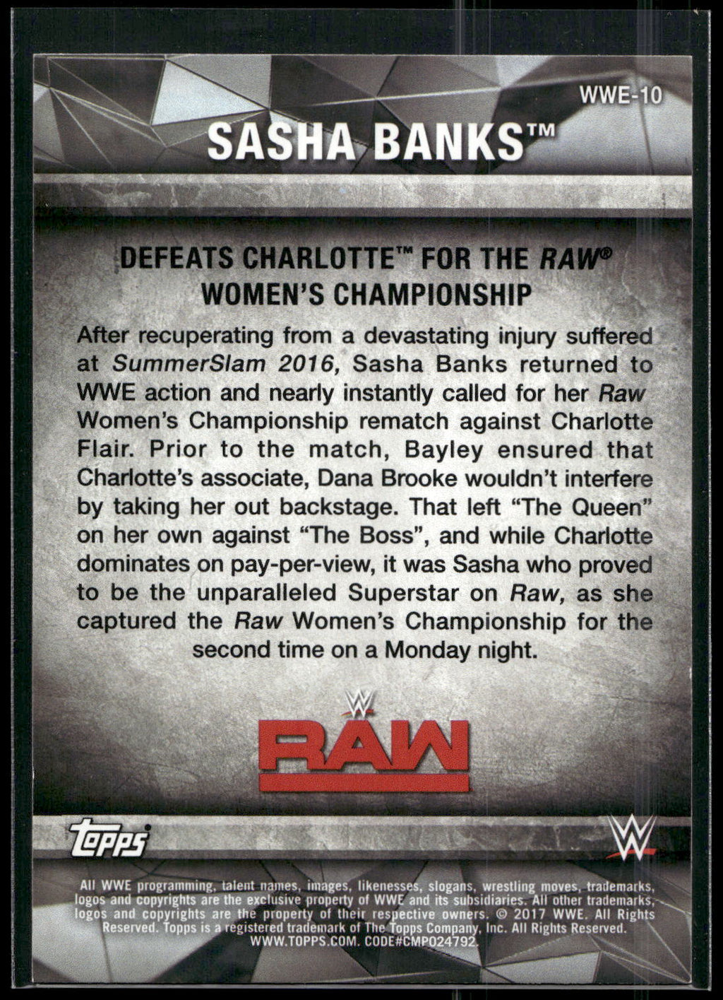 2017 Topps WWE Women's Division #WWE-10 Sasha Banks WWE Matches and Moments