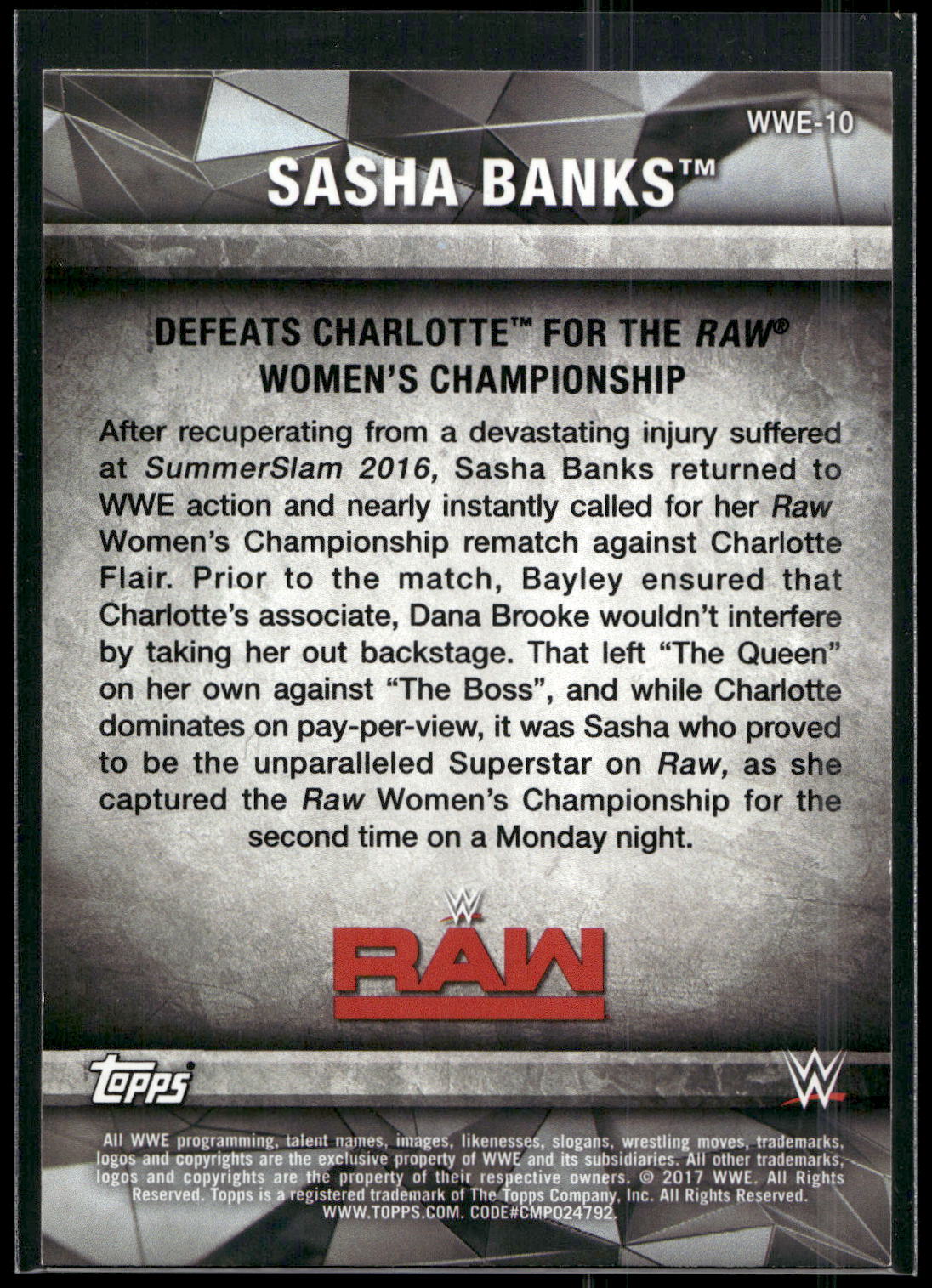 2017 Topps WWE Women's Division #WWE-10 Sasha Banks WWE Matches and Moments