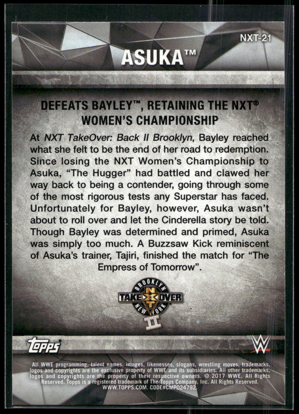 2017 Topps WWE Women's Division #NXT-21 Asuka NXT Matches and Moments