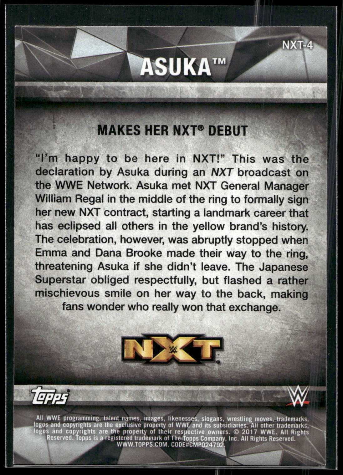 2017 Topps WWE Women's Division #NXT-4 Asuka NXT Matches and Moments