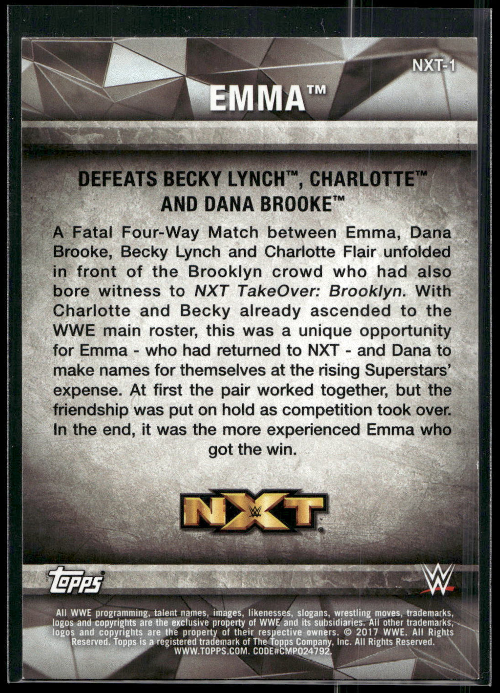 2017 Topps WWE Women's Division #NXT-1 Emma NXT Matches and Moments