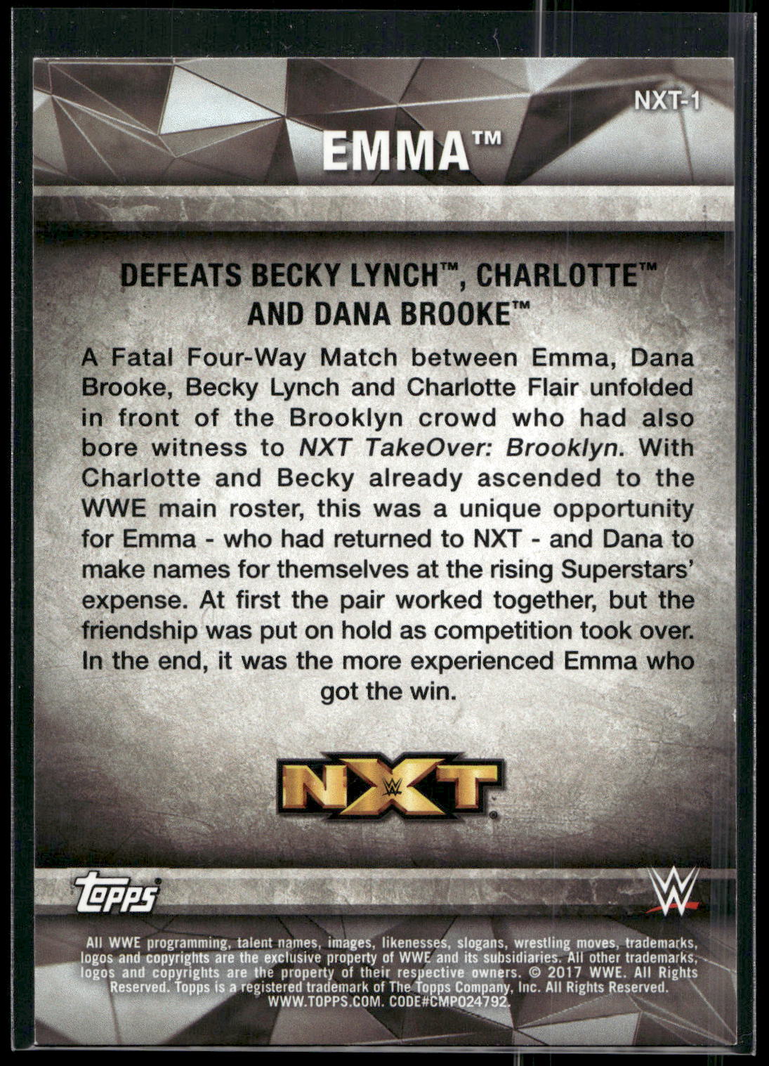 2017 Topps WWE Women's Division #NXT-1 Emma NXT Matches and Moments