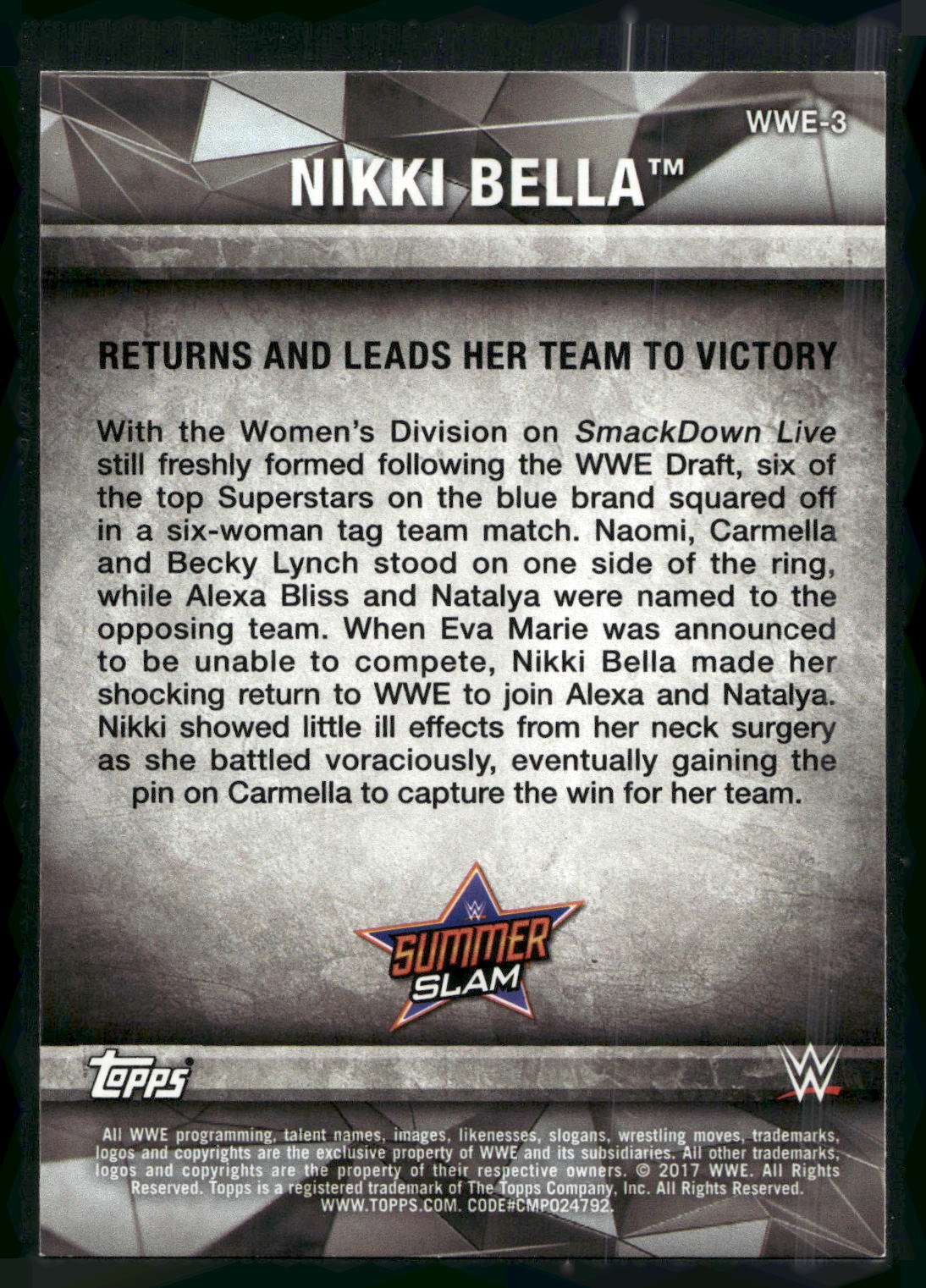 2017 Topps WWE Women's Division #WWE-3 Nikki Bella WWE Matches and Moments