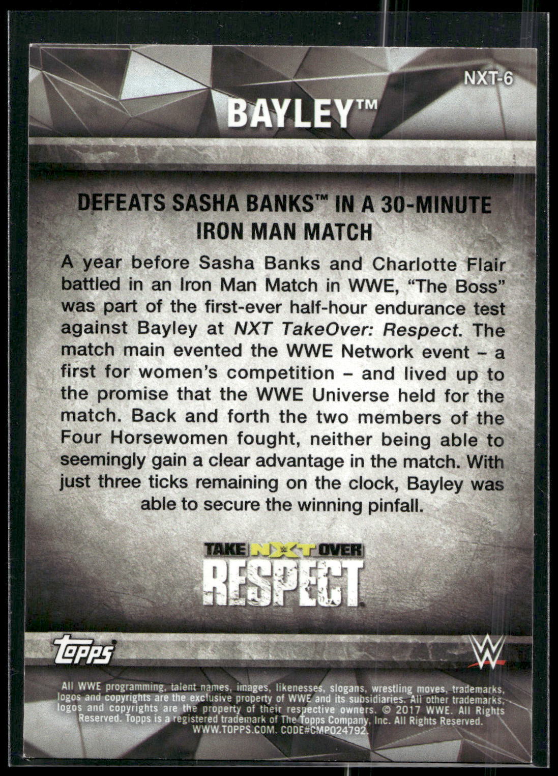 2017 Topps WWE Women's Division #NXT-6 Bayley NXT Matches and Moments